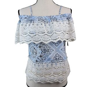 No Boundaries Blue Bandana Top Juniors Sz XS Paisley Lace Crochet Blouse Shirt‎
